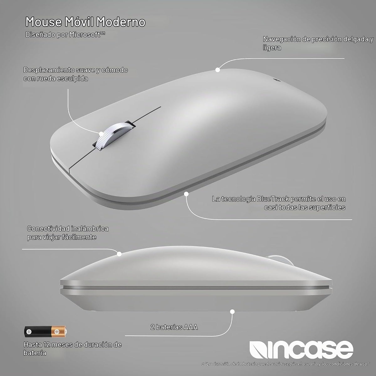 Incase Ratón móvil moderno diseñado por Microsoft, inalámbrico, platino