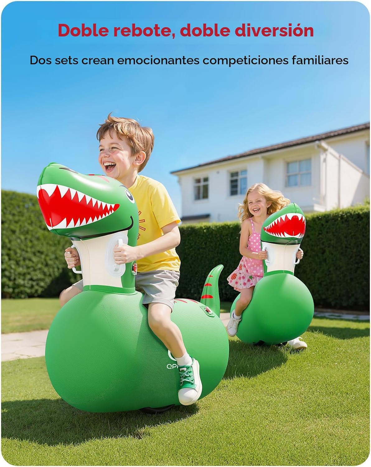 QPAU - Juguetes inflables de dinosaurios saltarines de 2 piezas con bomba de mano, gigantes de alta resistencia, capacidad de carga de 220 libras, juguete saltarín para montar y rebotar, para niños y