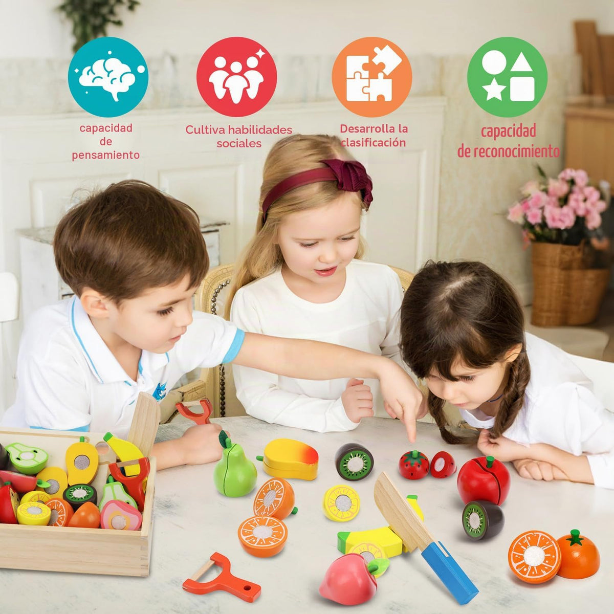 Set de Alimentos de Madera para Jugar de Juegos de Rol para Niños Pequeños Accesorios de Cocina Juguetes Fruta para Cortar Regalo para Niños Niñas Juguetes Educativos Montessori