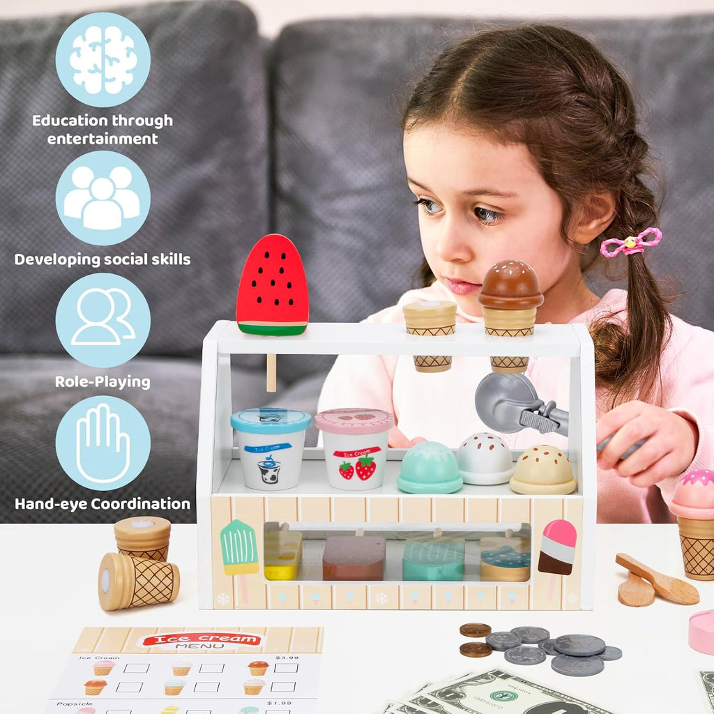 Juego de juguetes de madera para contador de helados, juego de comida para
