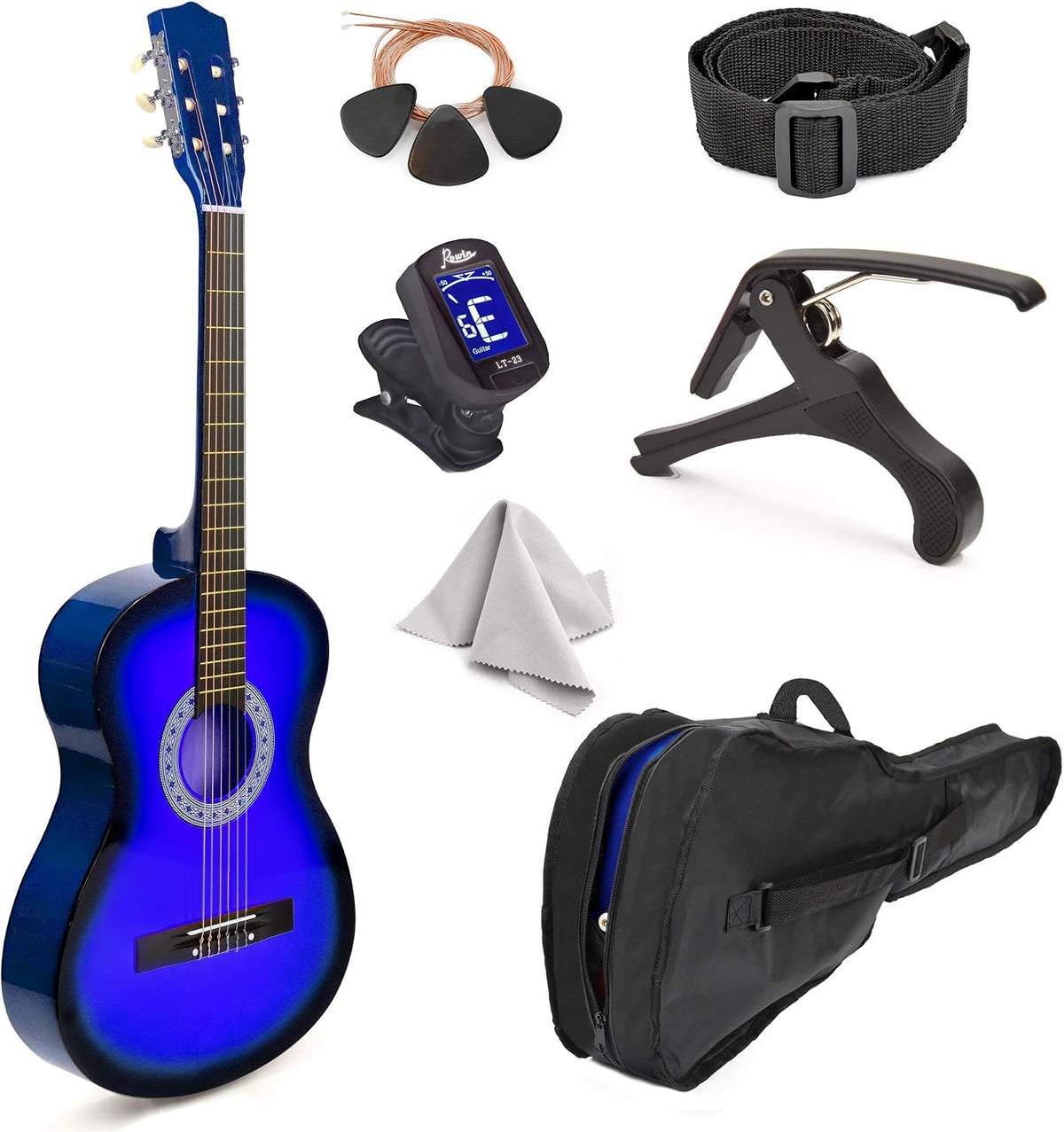 Guitarra clásica de madera de 30 pulgadas con estuche y accesorios para niños, niñas, principiantes (azul degradado)