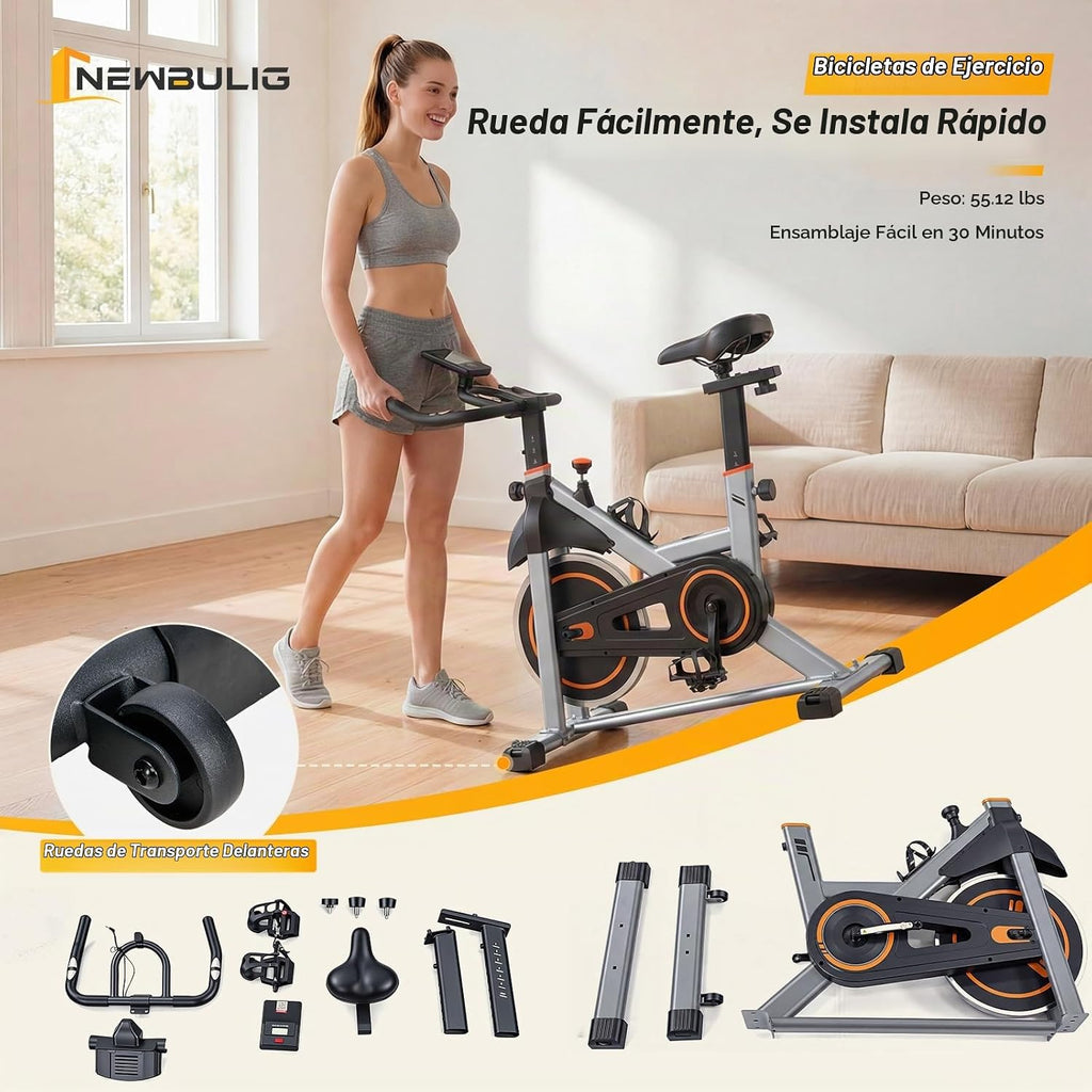NEWBULIG Bicicleta estática con aplicación, bicicletas estacionarias para el hogar, bicicleta de entrenamiento para adultos y personas mayores, máquina de ciclismo, altura y resistencia ajustables