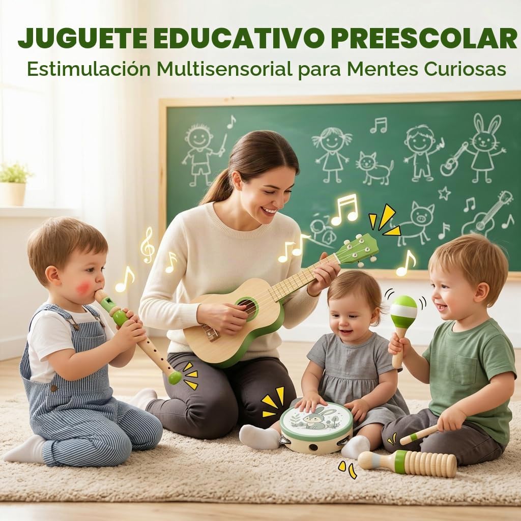 7 en 1 instrumentos musicales de madera para niños, juguetes