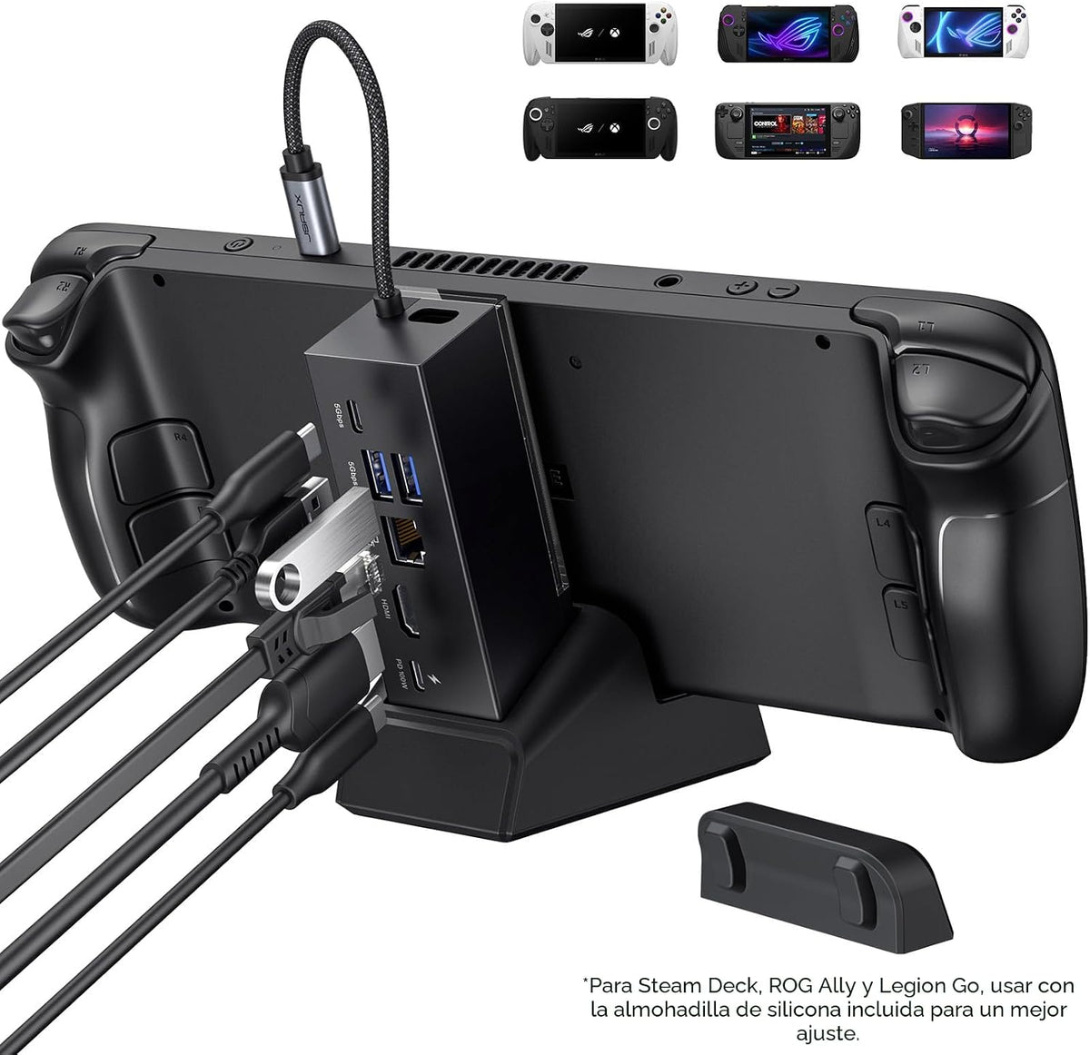 JSAUX Estación de acoplamiento para ROG Xbox Ally X (2025)/ROG Ally X/ROG Ally/Steam Deck/Legion Go/Legion Go S, base 6 en 1 con HDMI 4K a 120Hz, Gigabit Ethernet, USB A y USB C 3.2 Gen 1, carga de