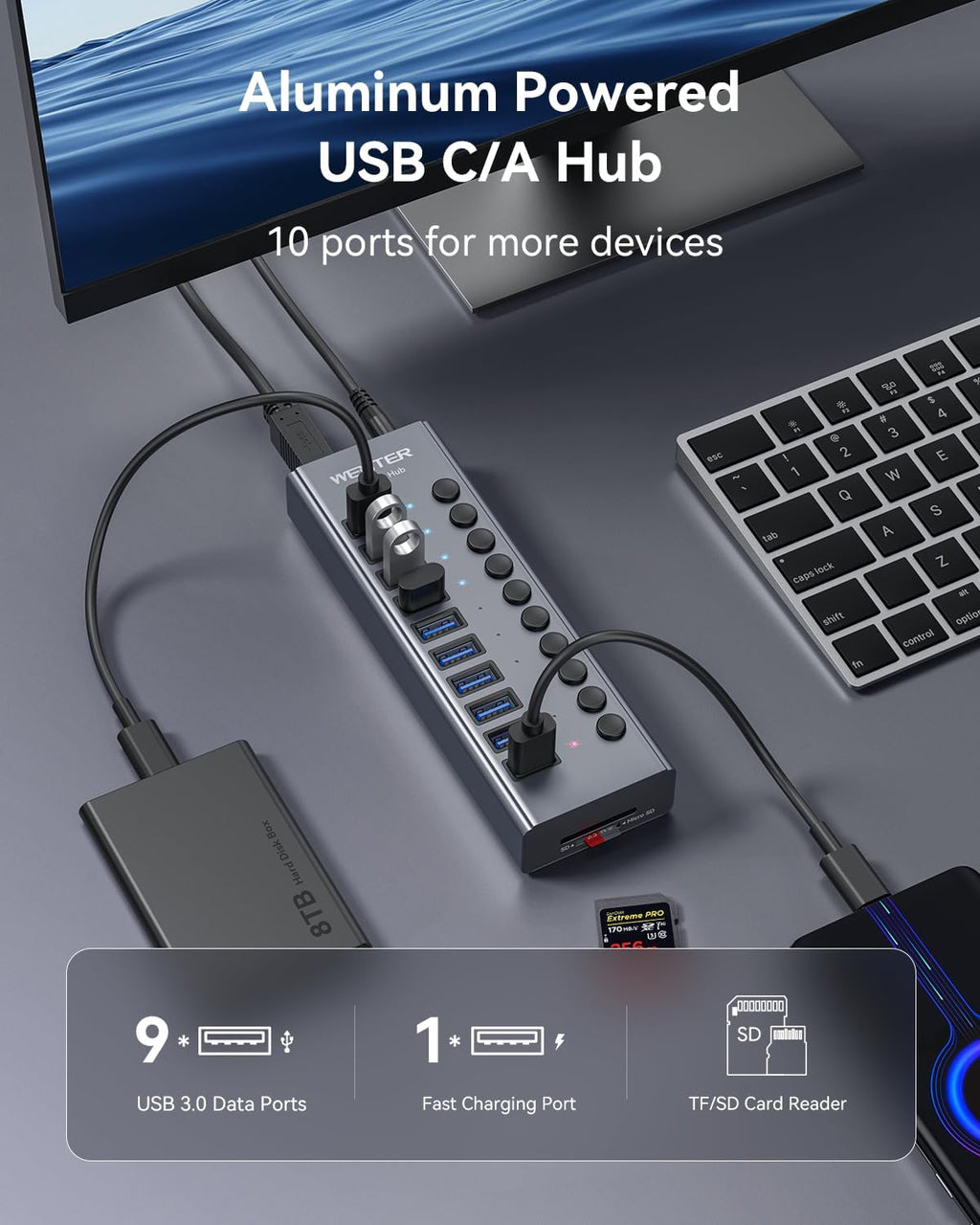 WENTER, hub USB 3.0 de 10 puertos, alimentado
