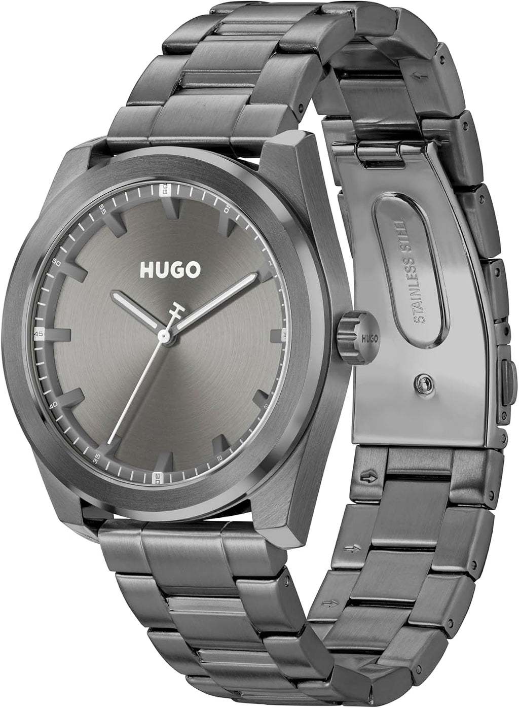 HUGO Bright - Reloj de pulsera de cuarzo 3H de acero inoxidable de 1.654 in para hombre, resistente al agua hasta 5 ATM/164 ft, un aspecto limpio y moderno