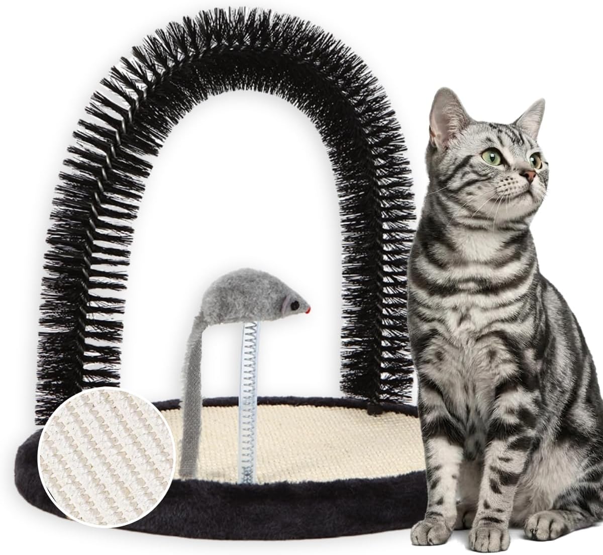 Rascador Automático para Gatos, Cepillo de Arco con Almohadilla de Sisal Tejido Resistente, Poste de Frotación y Juguete de Catnip, Rascadores para la Cara y Cuerpo del Gato, Rascadores