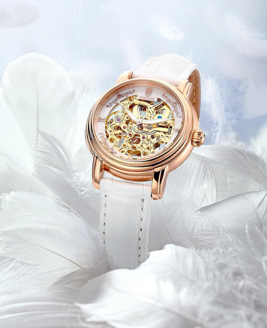 ROCOSJEWE Reloj de pulsera automático mecánico de lujo para mujer, esfera esqueletizada en oro rosado, manecillas luminiscentes, correa de cuero roja, reloj de vestir de moda para mujer, reloj esqueletizado autofaciente resistente al agua, regalo para