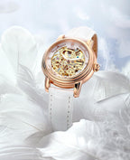 ROCOSJEWE Reloj de pulsera automático mecánico de lujo para mujer, esfera esqueletizada en oro rosado, manecillas luminiscentes, correa de cuero roja, reloj de vestir de moda para mujer, reloj esqueletizado autofaciente resistente al agua, regalo para
