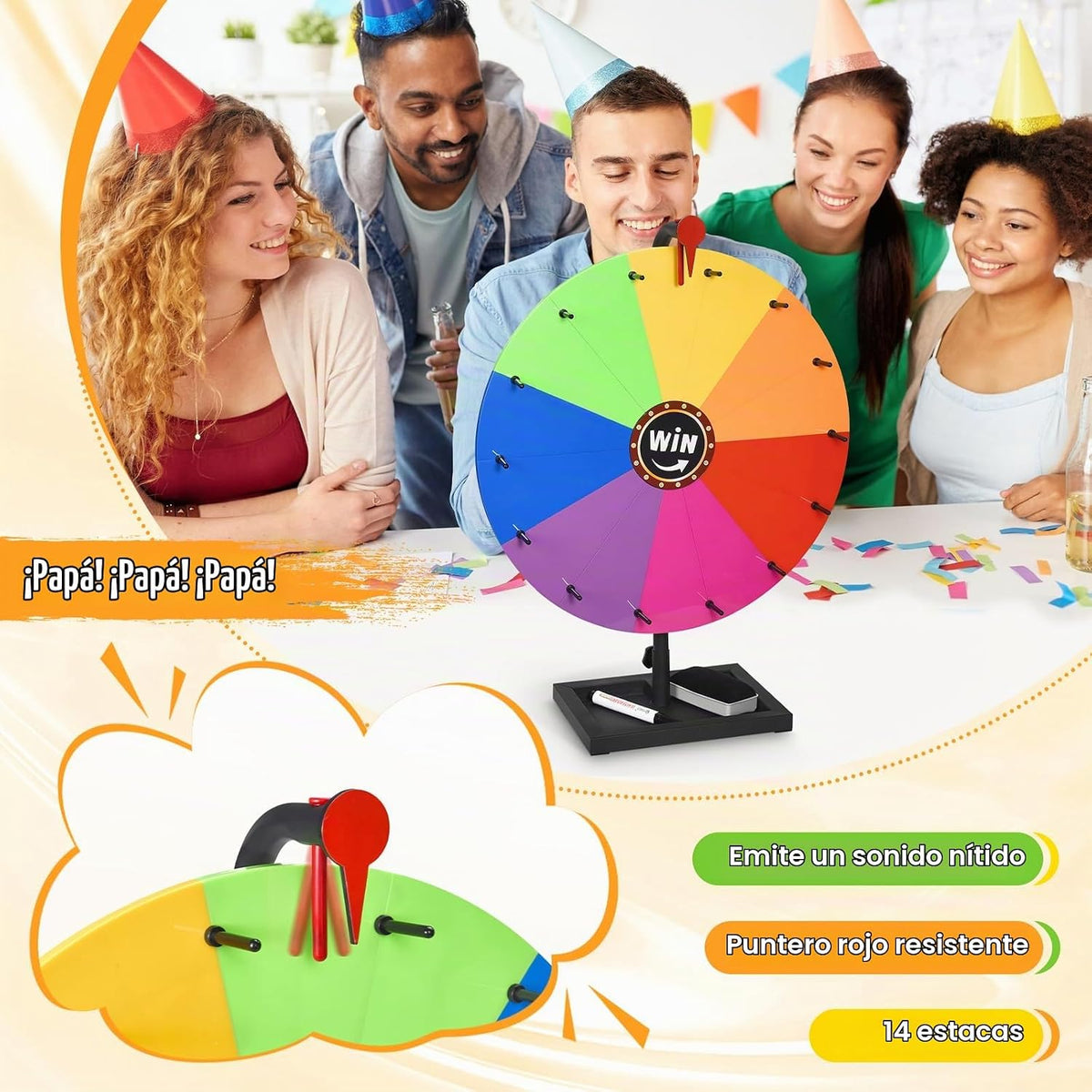 Rueda de Premio de 18 pulgadas para mesa, Giratorio de Rueda de Premios con Base y Base de Almacenamiento, con una Rueda de Premios con 14 secciones de color personalizables. Adecuado para juegos de fiesta, juegos en familia (Lleno)