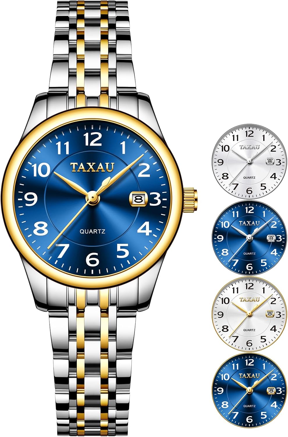 Reloj de Mujer Elegante Analógico a Cuarzo con Carga de Fecha, Números Arábigos Grandes, Impermeable, Dos Tonos, Acero Inoxidable, Pequeño, Reloj de Muñeca