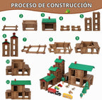Wondertoys Juego de troncos de madera de villa grande, 456 piezas, troncos de madera real, troncos de construcción clásicos a partir de 3 años, el mejor juego de regalo de construcción retro, regalos educativos de ingeniería de construcción creativa