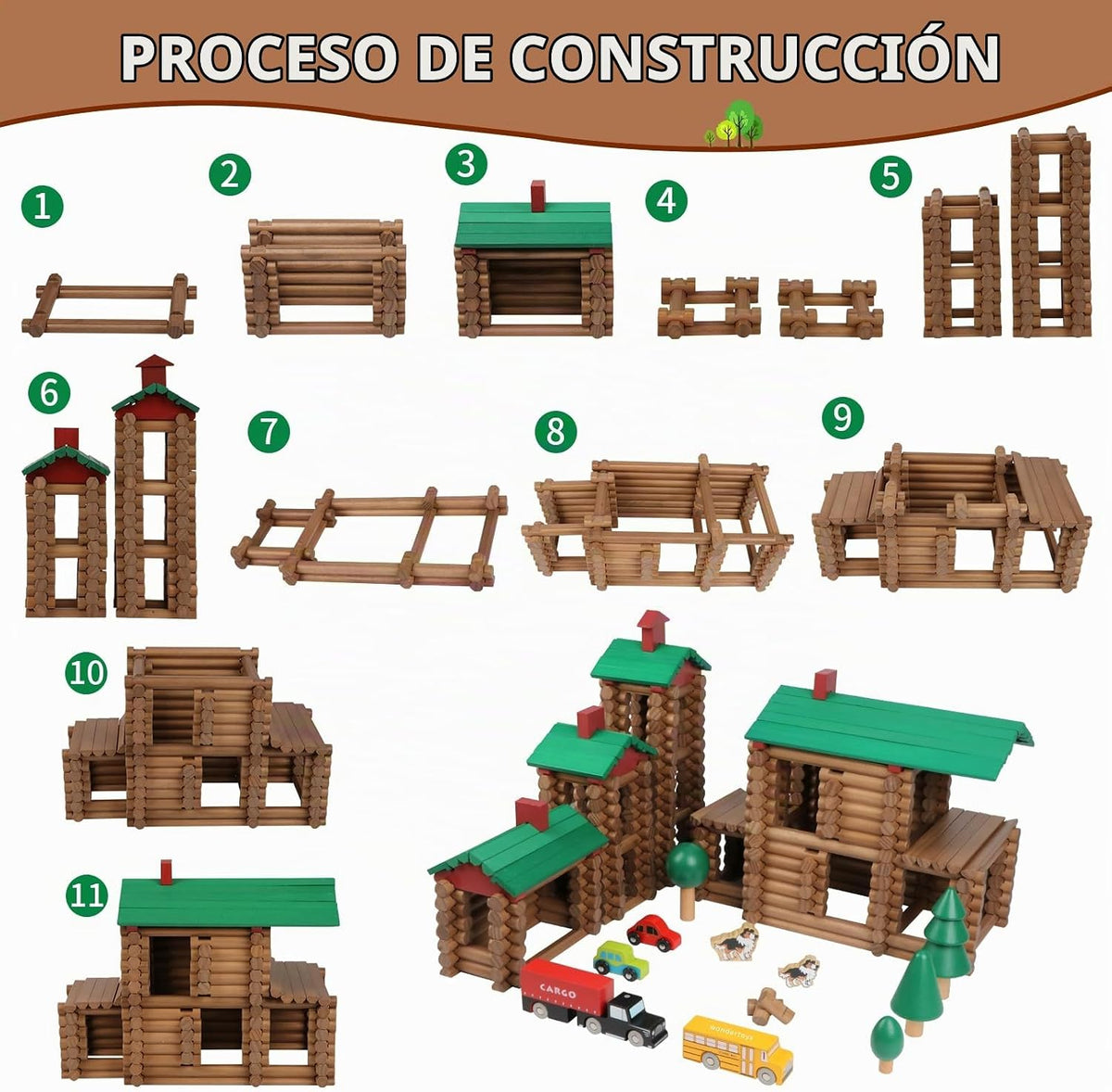 Wondertoys Juego de troncos de madera de villa grande, 456 piezas, troncos de madera real, troncos de construcción clásicos a partir de 3 años, el mejor juego de regalo de construcción retro, regalos educativos de ingeniería de construcción creativa