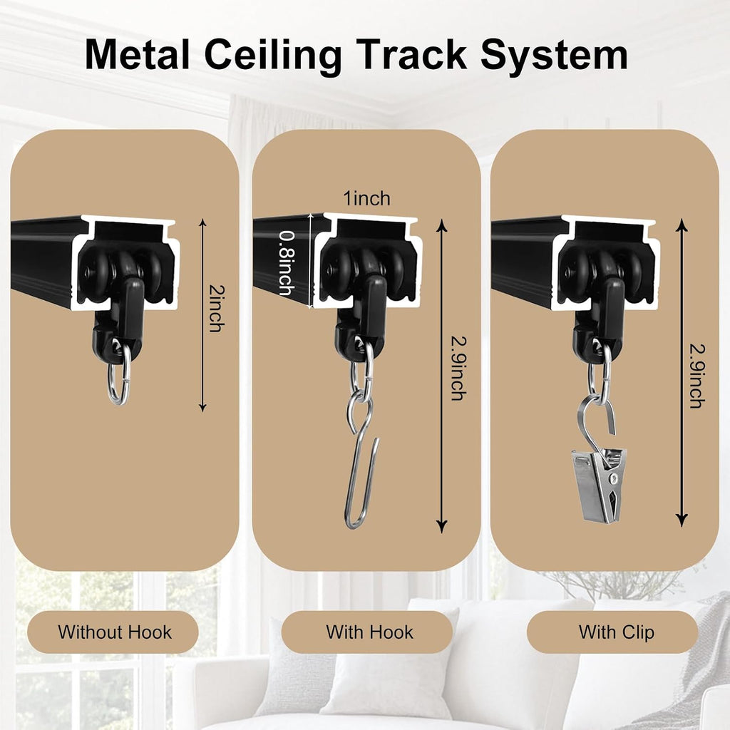 Riel de cortina de techo, sistema de rieles de cortina resistente para divisor de habitaciones, riel de cortina deslizante de montaje en pared con clip y ganchos para sala de estar, dormitorio, ducha, aire libre, negro, 6 pies - 9 pies