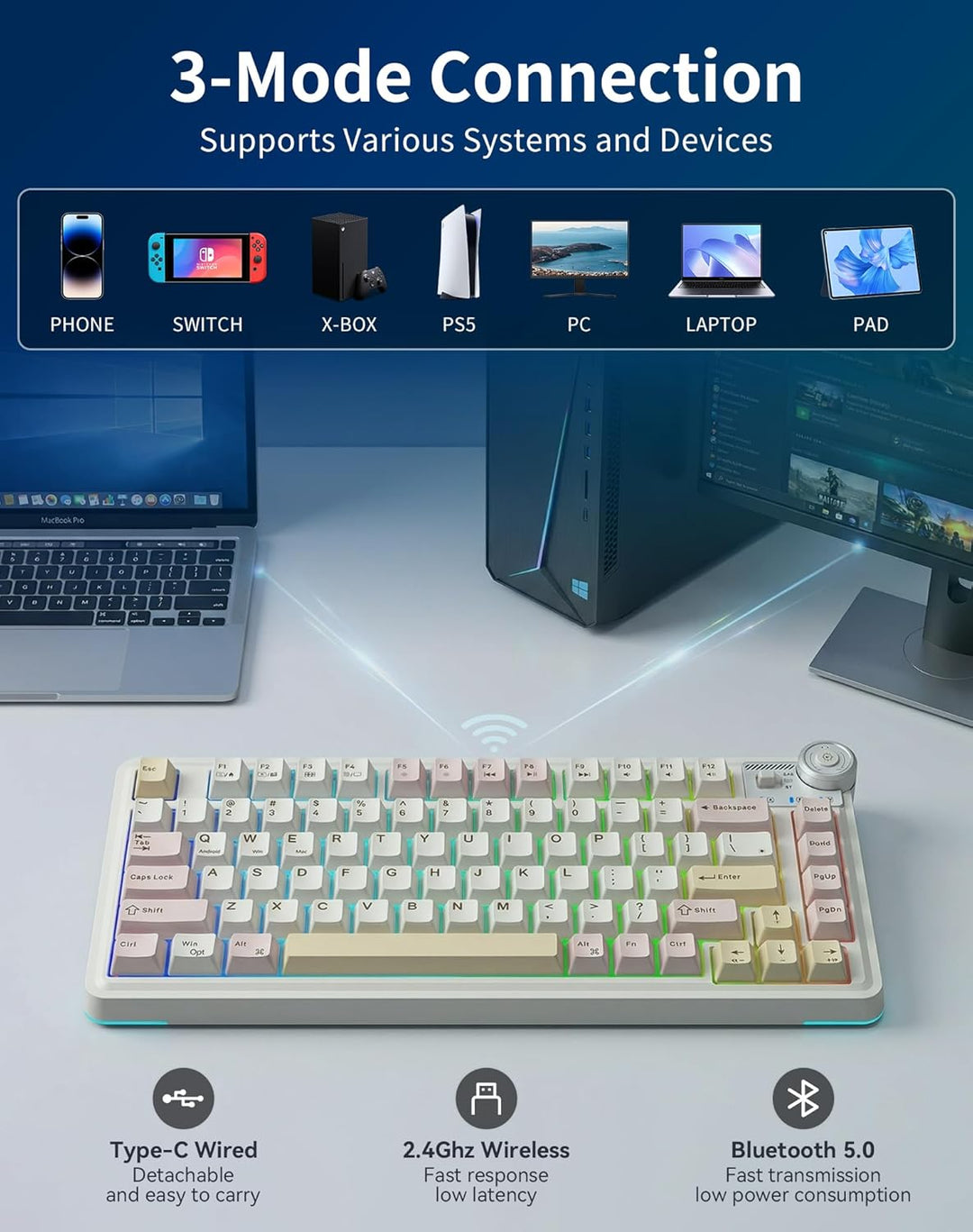 Aula AU75 Teclado mecánico inalámbrico, teclado para juegos con jun...