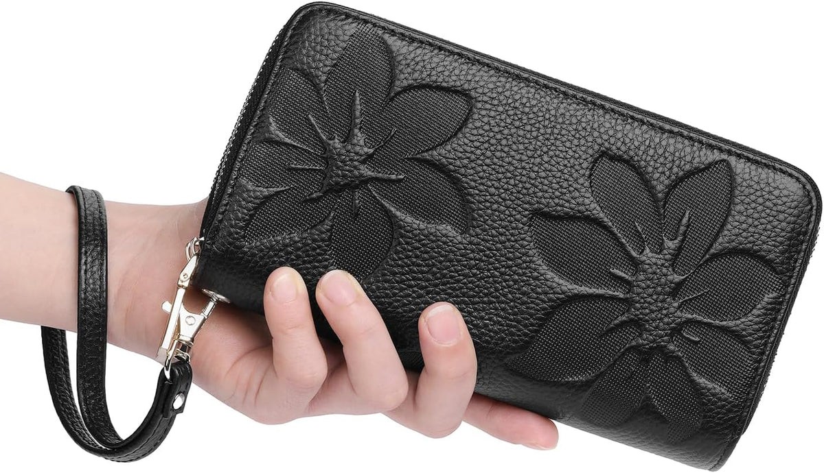 GOIACII Cartera de mujer de gran capacidad con doble cremallera, tarjetero y soporte para teléfono, con bloqueo RFID, de cuero con correa, negro (A01 Black), Casual
