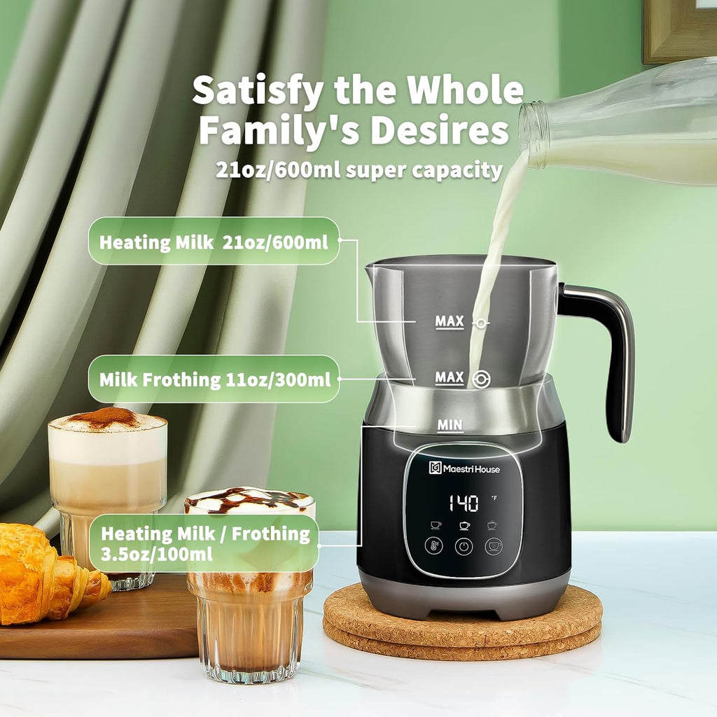 Maestri House Espumador de Leche, Temperatura Variable y Grosor de Espuma DualFro 600 Espumador de Leche Vaporizador, Calentador de Leche con Control Táctil Inteligente de 21OZ, Apto para Lavavajillas