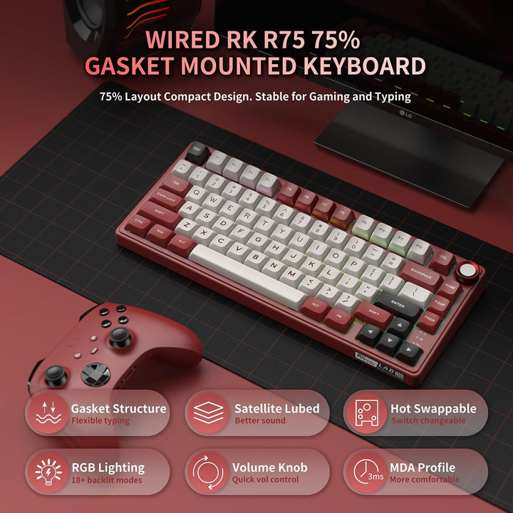 RK ROYAL KLUDGE Teclado mecánico R75 con cable con perilla de volum...