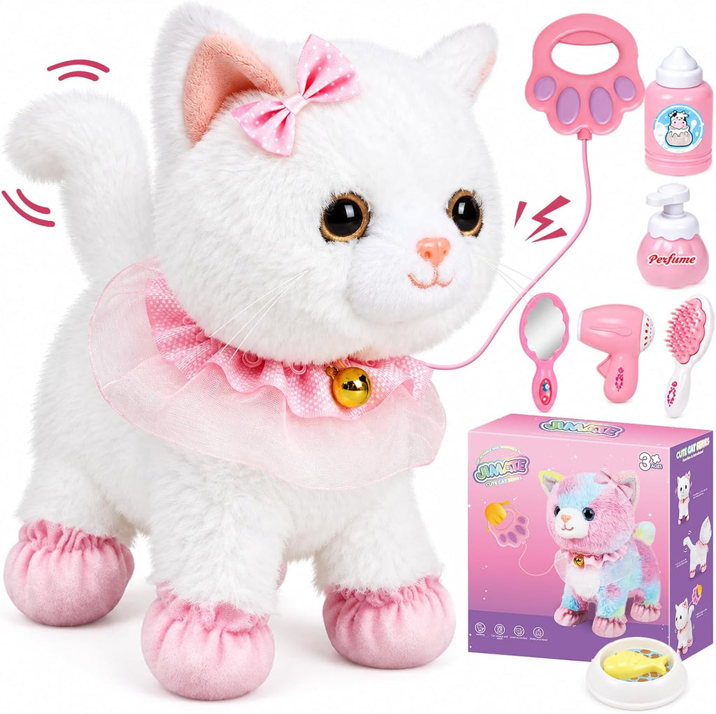 Juguete felino interactivo de peluche electrónico que camina y ladra, gato robot con control remoto para niñas (Gato blanco)