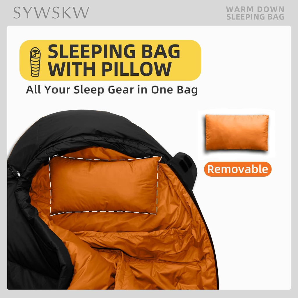 Saco de dormir de plumón con almohada para adultos y adolescentes