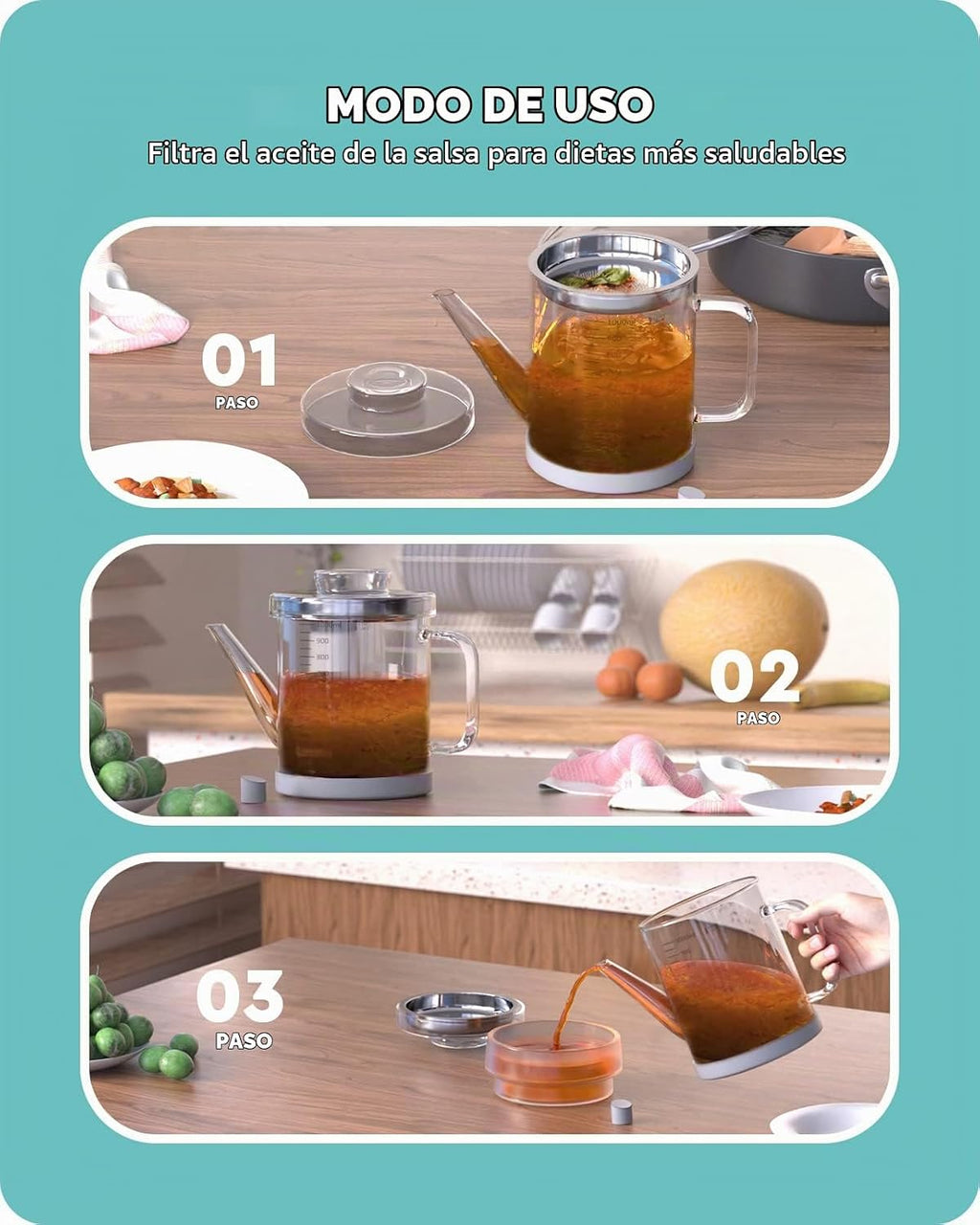 Baffect Separador de Grasa de Vidrio, Recipiente para Grasa de Tocino con Colador, Lata de Almacenamiento de Aceite de Freír para Cocina (1L / 4 Tazas)