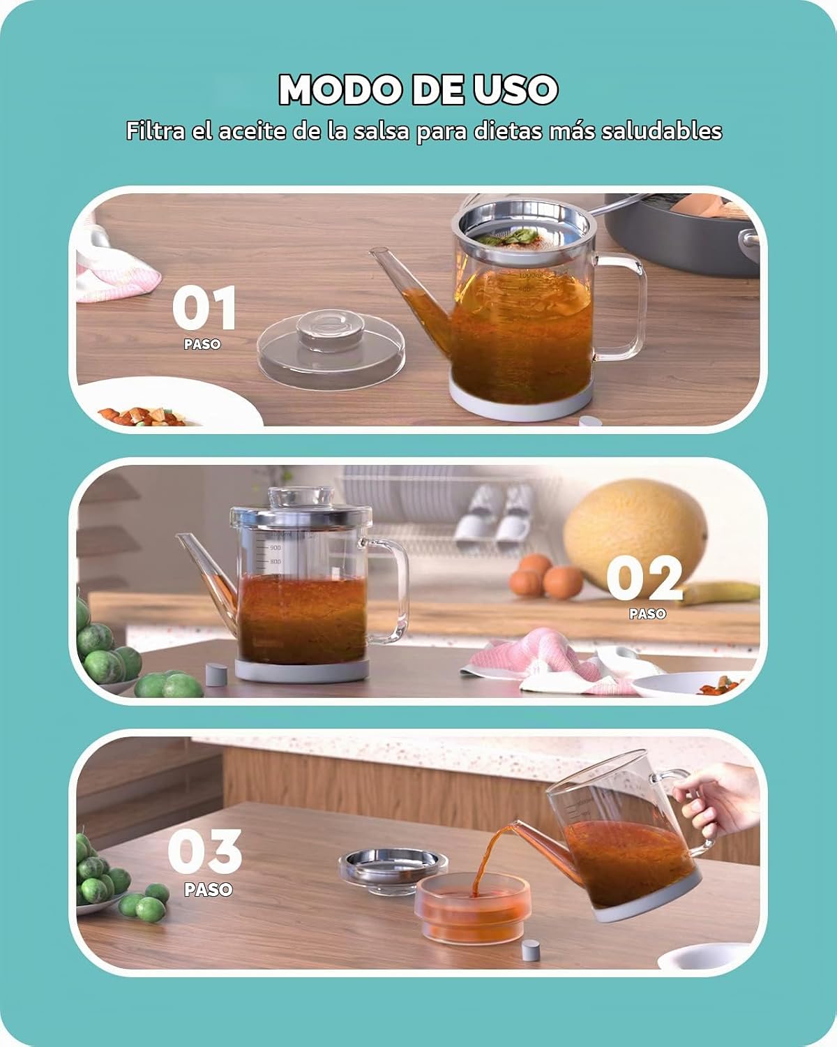 Baffect Separador de Grasa de Vidrio, Recipiente para Grasa de Tocino con Colador, Lata de Almacenamiento de Aceite de Freír para Cocina (1L / 4 Tazas)
