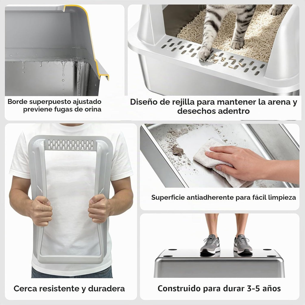 Caja de arena para gatos XL de acero inoxidable de alta cara para