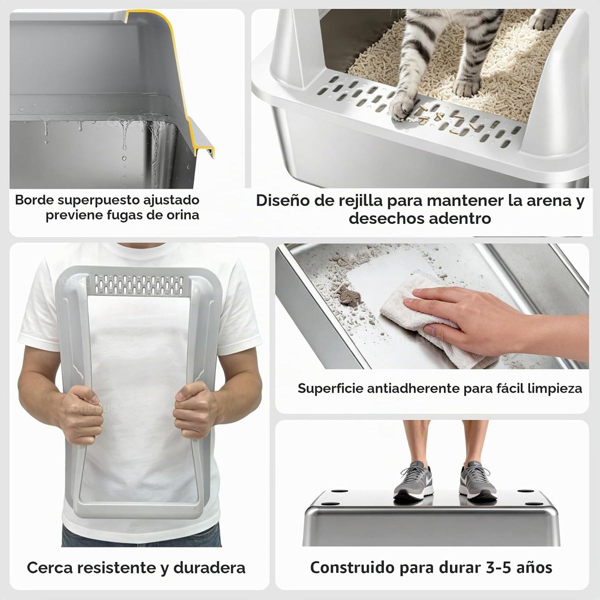 Caja de arena para gatos XL de acero inoxidable de alta cara para