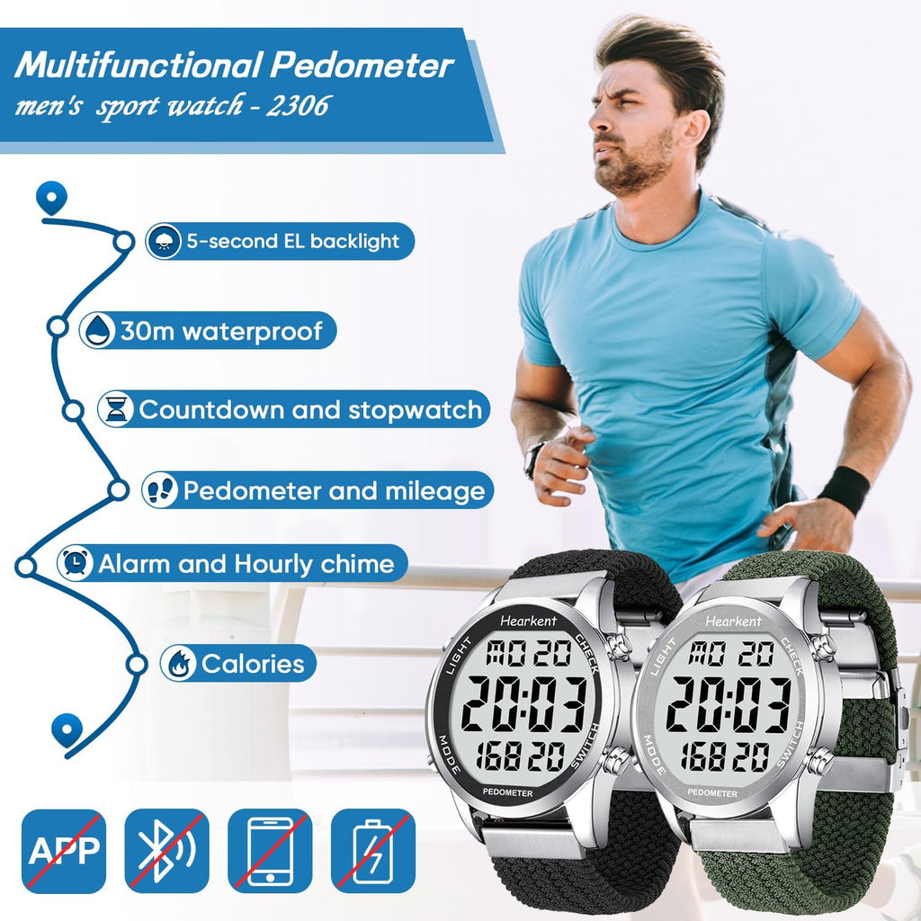 Hearkent Reloj podómetro para mujeres para caminar, pasos y millas - Contador de pasos para calorías, impermeable 30M - Retroiluminación EL - Cuenta regresiva - Cronómetro - Rastreador de pasos sin