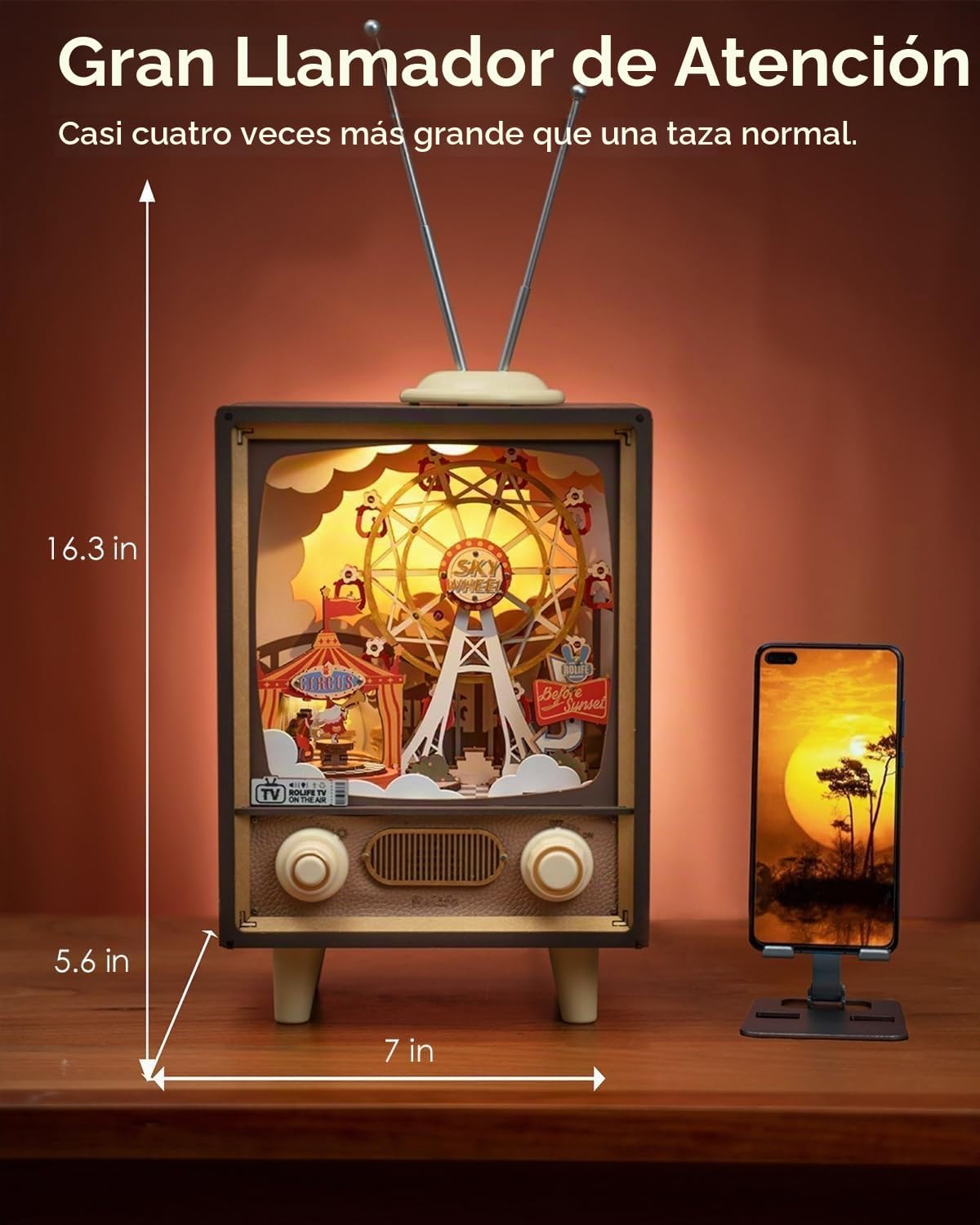 Lámpara Rolife Rompecabezas de madera 3D para adultos, kit de rincón de libros de bricolaje de 16 pulgadas, caja de música de rueda de fortuna de 16 pulgadas, juego de construcción con manualidades LED para