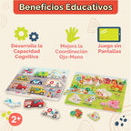 B. toys Rompecabezas de Clavijas de Madera, Peek & Explore Paquete de 4, Vehículos, Granja, Paquete de 4