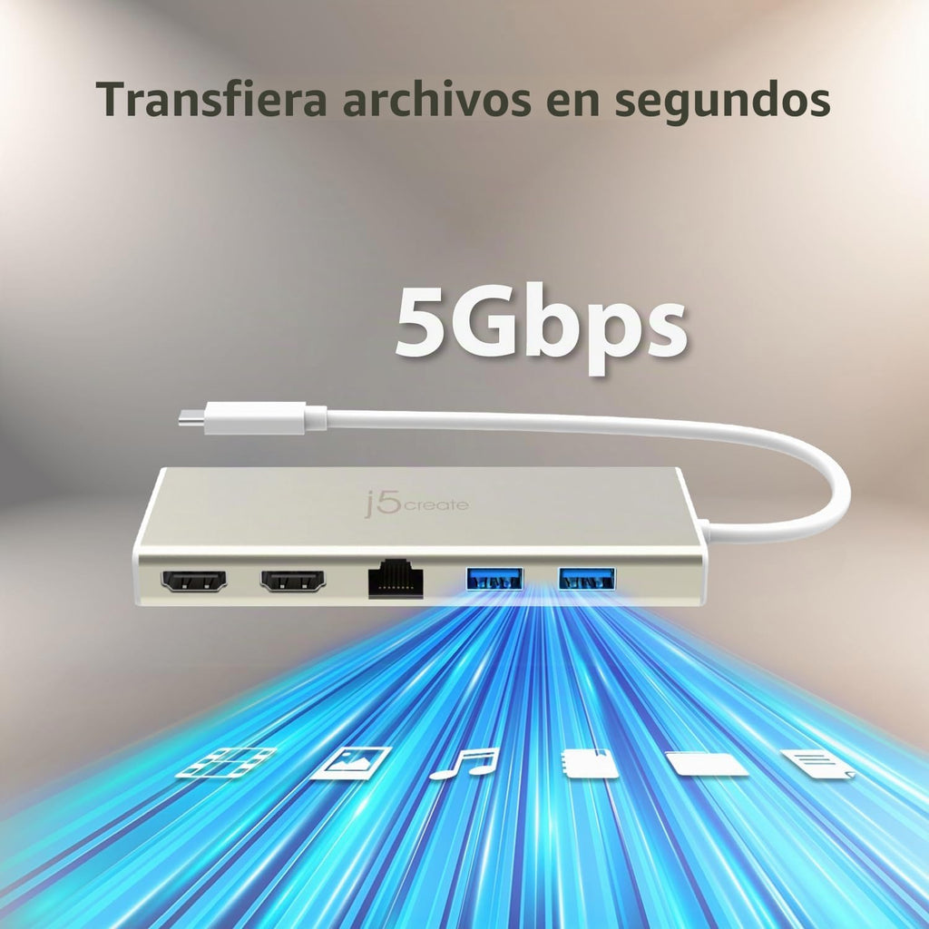 j5create Concentrador USB-C Mini Dock - Tipo C con 2x HDMI, 2x USB 3.0