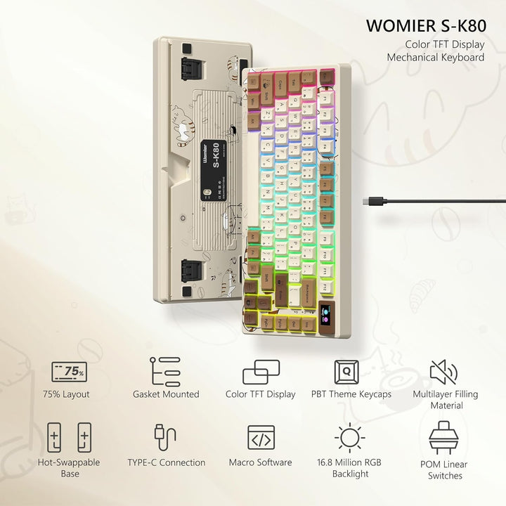 Womier SK80 Teclado Retro 75% con Pantalla Multimedia a Color, Tecl...