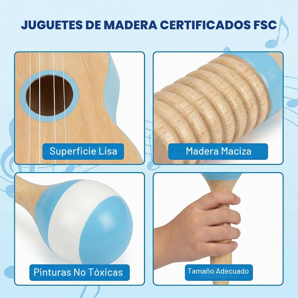 7 en 1 Kids Wooden Musical Instruments, Montessori Toddler Toys