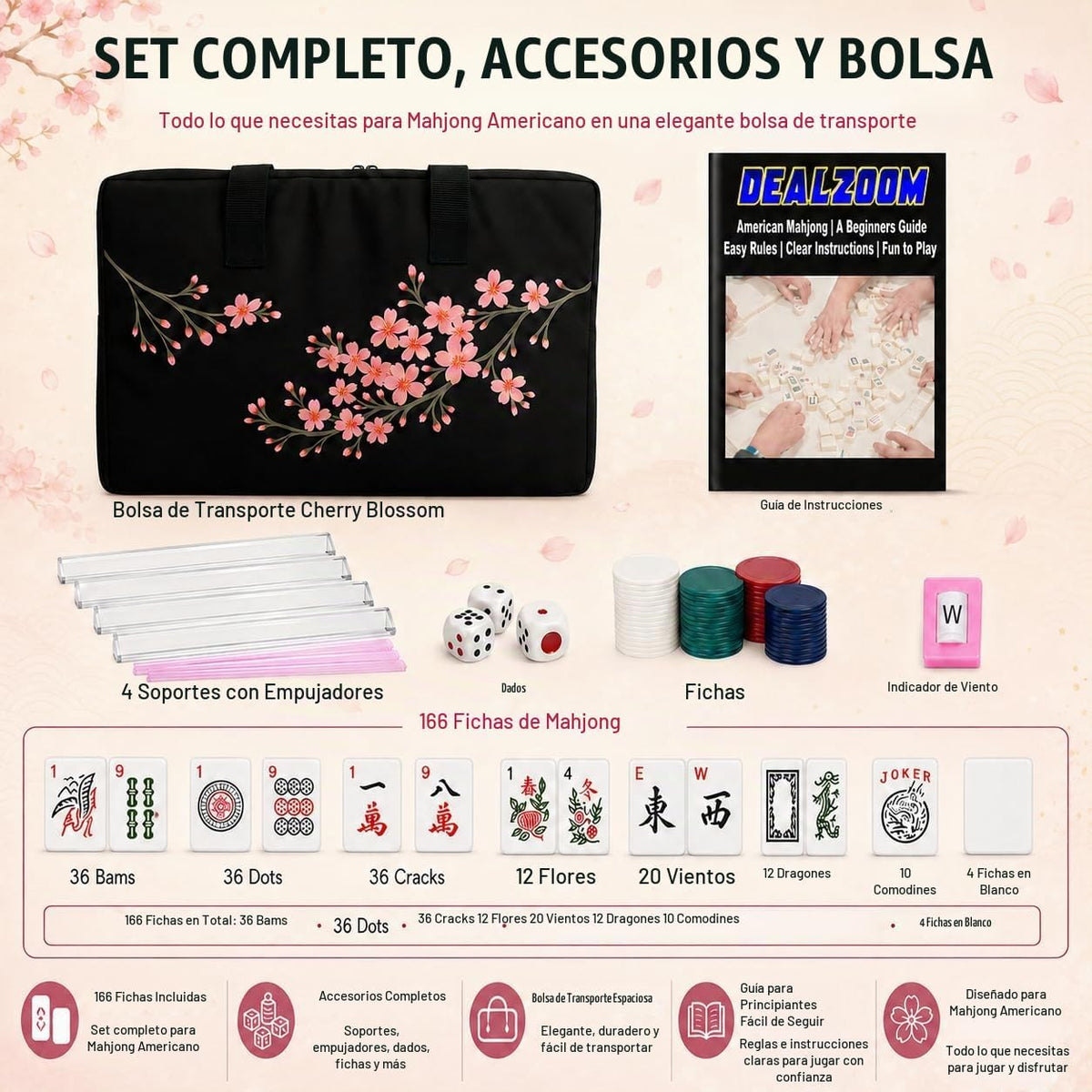 American Mahjong Set completo, juego completo con 166 azulejos Mahjong, bastidores Mahjong con empujadores, instrucciones, dados, fichas, indicador de viento y accesorios Mahjong en bolsa