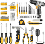 PULITUO Juego de taladro inalámbrico amarillo de 12 V, kit de herramientas para el hogar de 149 piezas con taladro eléctrico y caja de herramientas de almacenamiento, para reparación del hogar, mejora