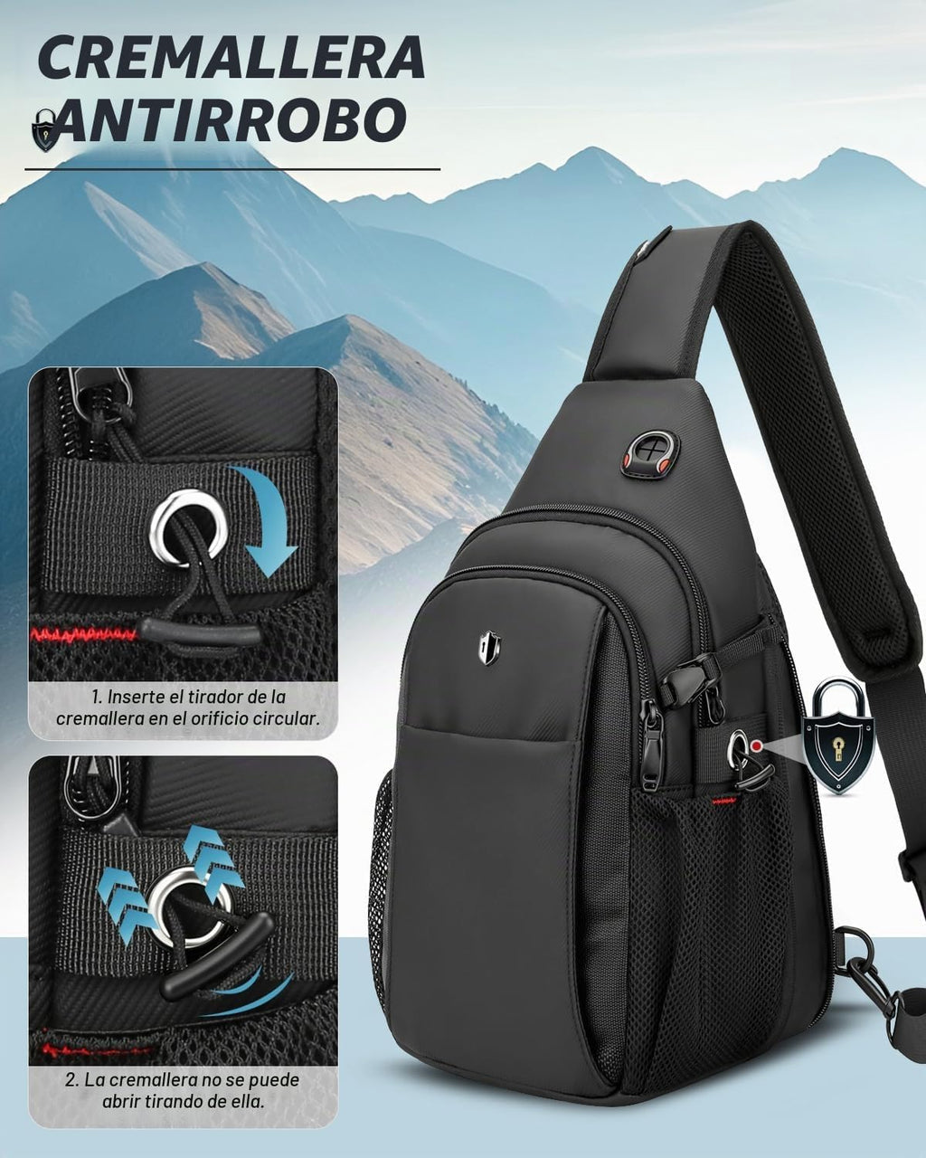 Bolso de porfolio anti-robo para hombre, bandolera expansible cruzada con bolsillo para botella de agua, mochila de viaje que cabe 11” iPad y Switch 2 para traslado diario, negro