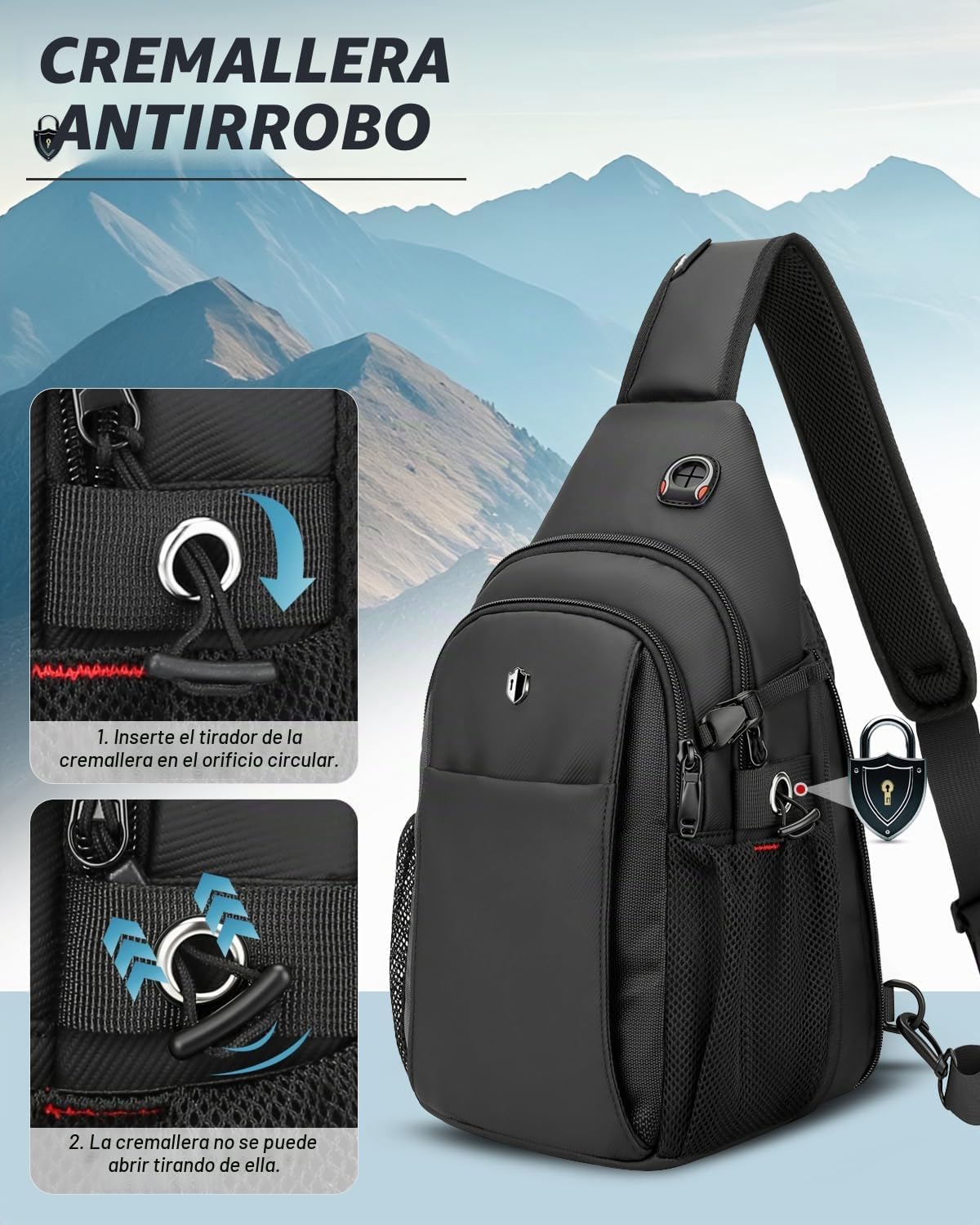 Bolso de porfolio anti-robo para hombre, bandolera expansible cruzada con bolsillo para botella de agua, mochila de viaje que cabe 11” iPad y Switch 2 para traslado diario, negro