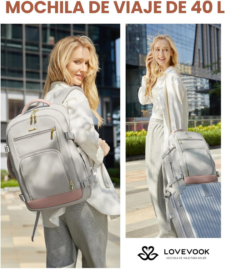 LOVEVOOK Mochila de viaje para mujeres y hombres, Rosa-gris, Mochil...
