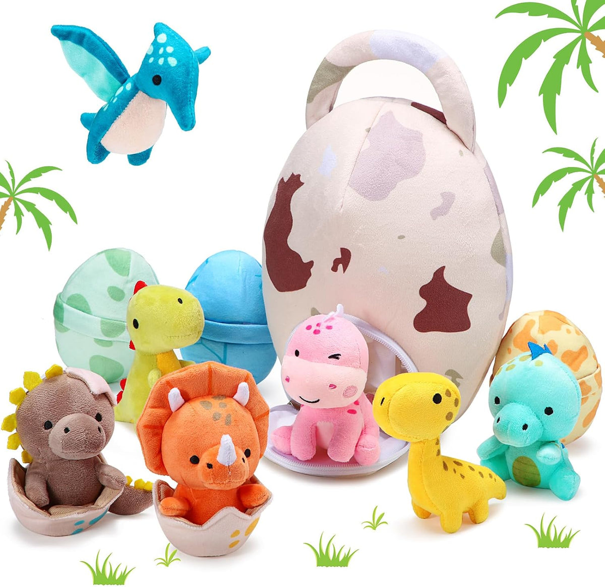 Zhanmai Kit de 11 Piezas de Peluches de Dinosaurio con Bolsa en Forma de Huevo, Pequeños, Lindos