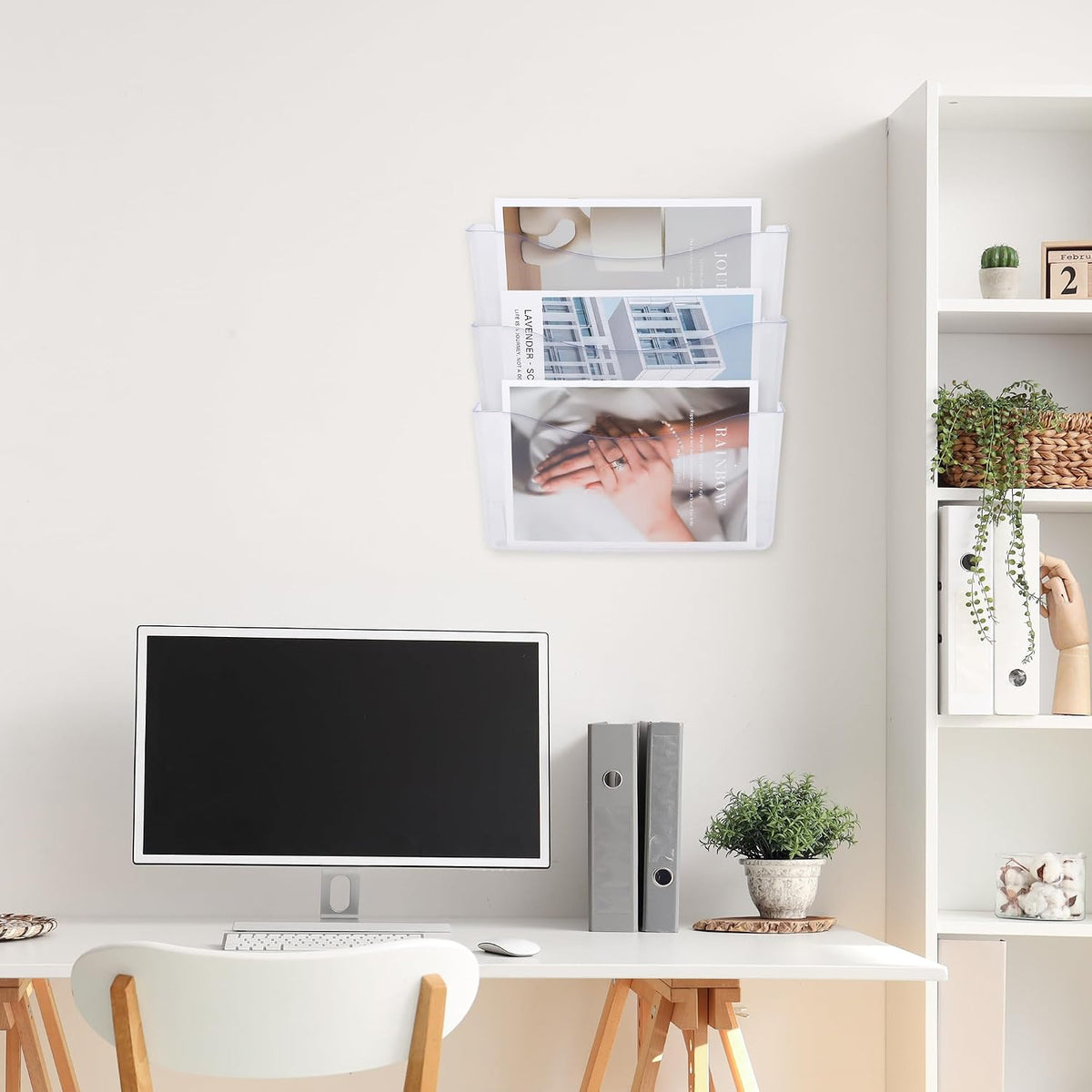 Paquete de 3 organizadores transparentes para colgar archivos de un solo bolsillo, soporte de plástico para revistas, correos de papel, contenedores montados para oficina, escuela y hogar