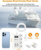 Adaptador de enchufe de viaje europeo, regleta de alimentación de EE. UU. a Europa, 6 USB, 4 tomacorrientes, 3 pies
