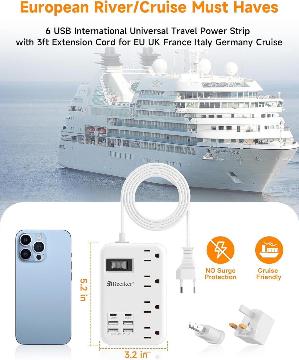 Adaptador de enchufe de viaje europeo, regleta de alimentación de EE. UU. a Europa, 6 USB, 4 tomacorrientes, 3 pies