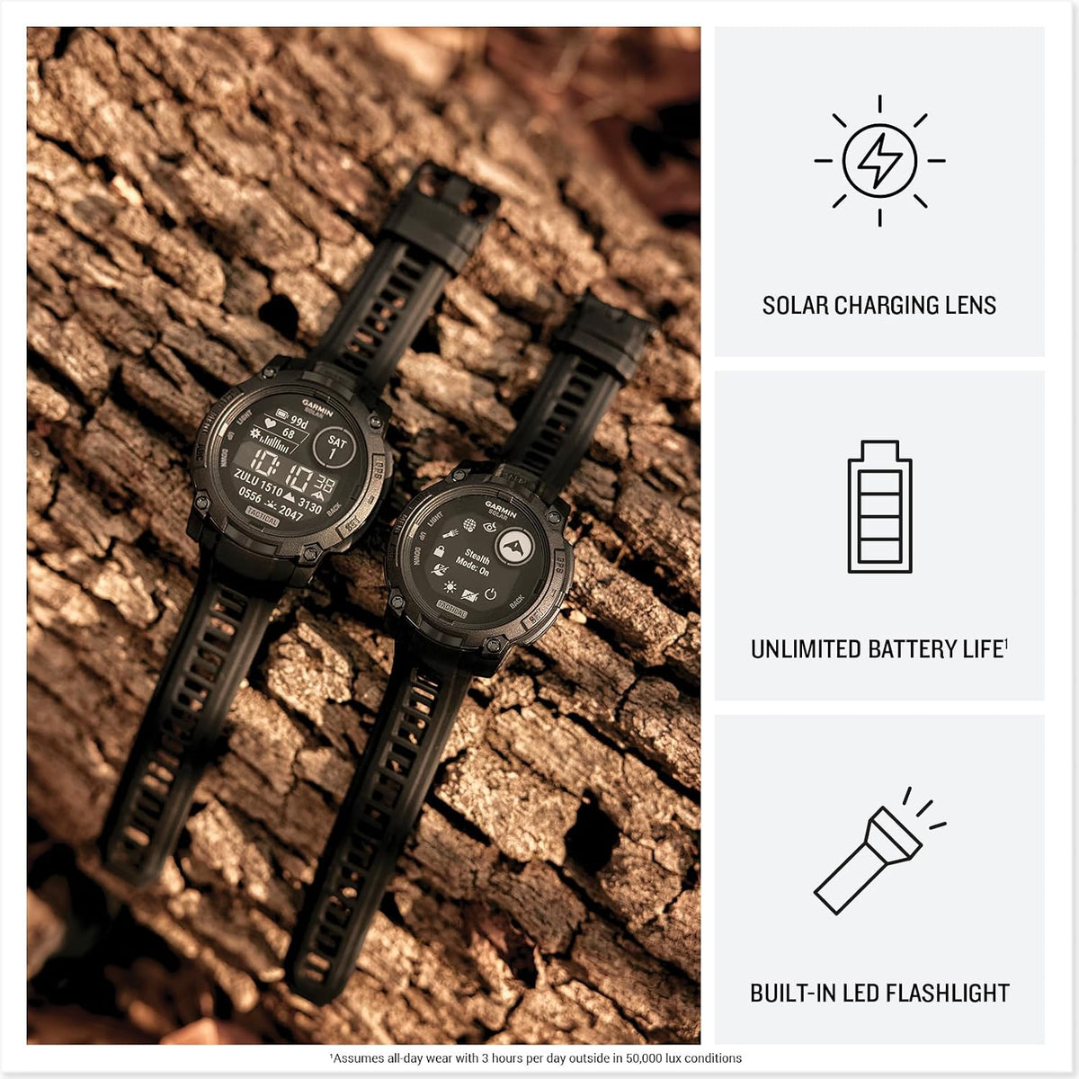 Garmin Instinct® 3 Edición Táctica, 50mm, Pantalla Cargada Solar, Reloj Inteligente GPS Resistente para Exteriores