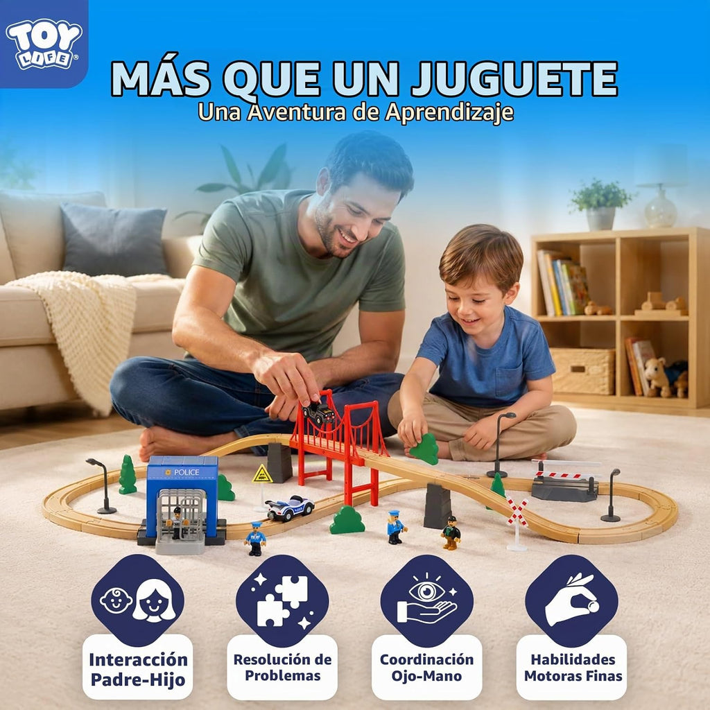 TOY Life - Juego de tren de madera, 56 piezas, juego de rieles de tren de madera, juguetes para niños de 3