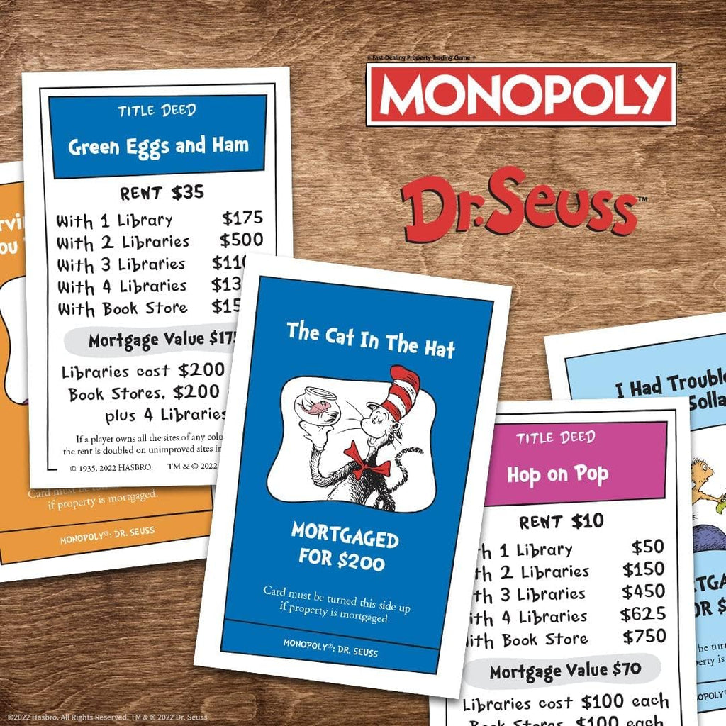 Monopoly: Dr. Seuss | Compra y vende libros | Juego clásico coleccionable de monopolio con tablero de juego personalizado y obras de arte | Juego y mercancía con licencia oficial