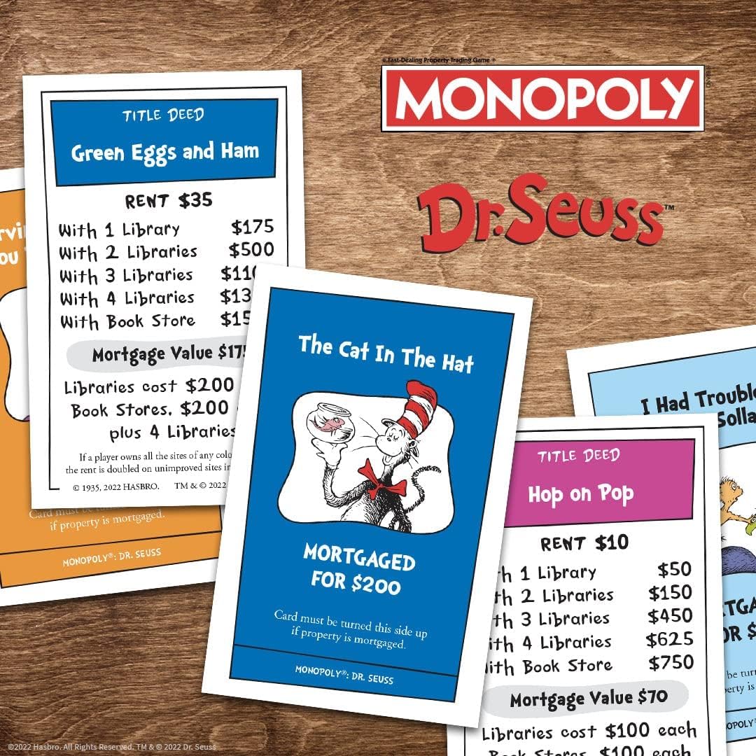 Monopoly: Dr. Seuss | Compra y vende libros | Juego clásico coleccionable de monopolio con tablero de juego personalizado y obras de arte | Juego y mercancía con licencia oficial