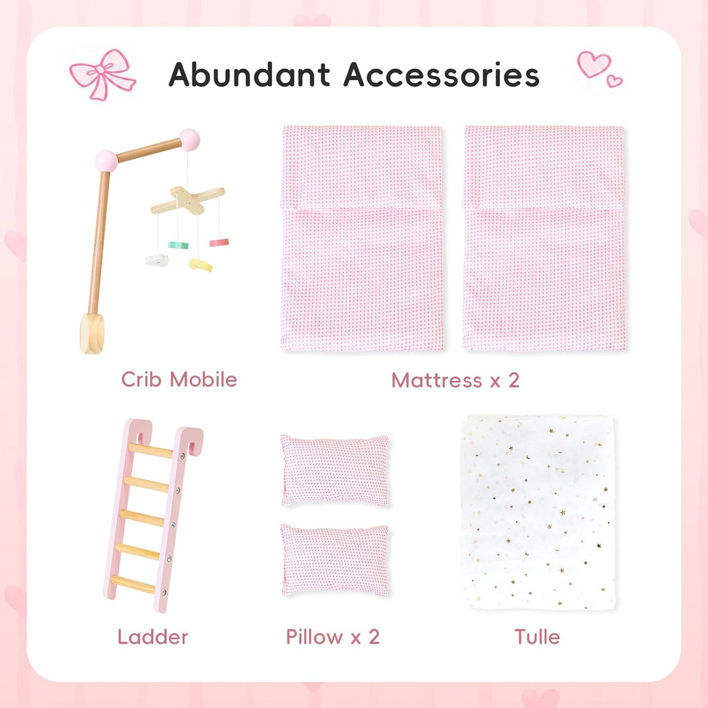 OOOK Litera 2 en 1 para muñeca de 18 pulgadas con tul, ropa de cama