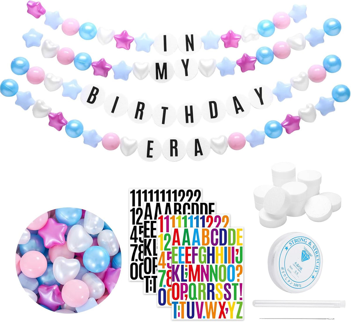 Kit de guirnalda de cumpleaños de pulsera gigante de la amistad con letras y bolas, pancarta personalizable para Navidad, boda, Kpop, decoración de fiesta de Año Nuevo, bolas de plástico, estrellas