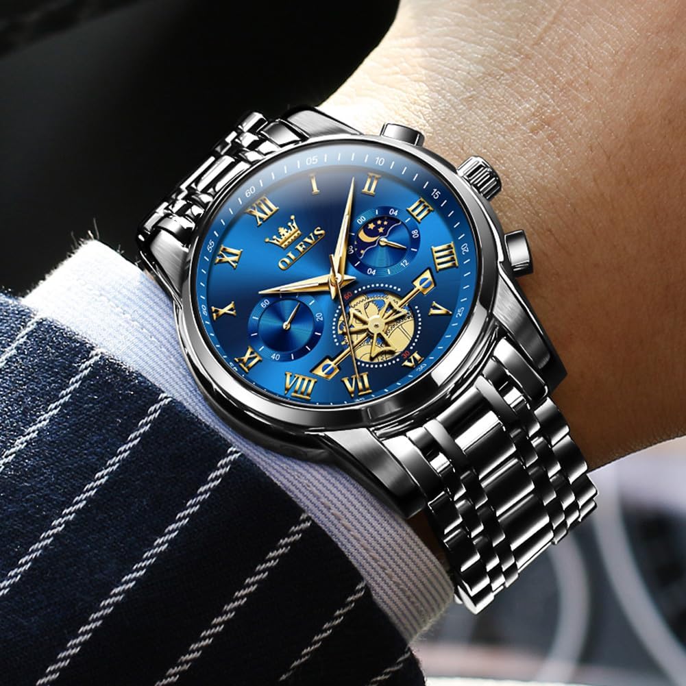 OLEVS Relojes para hombre, resistente al agua, de lujo, gran cara, reloj analógico de cuarzo de acero inoxidable, relojes de vestir analógicos para hombre, luminoso, multifuncional, reloj de hombre